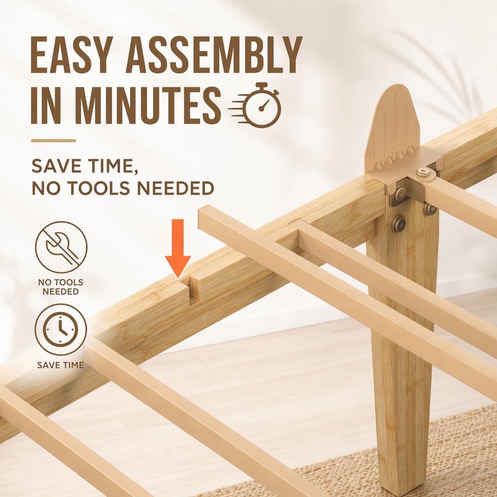 King Bamboo Bed Frame with Panel Headboard and Footboard, 14 Inch Platform Bed Frame with Metal Slat Support, No Box