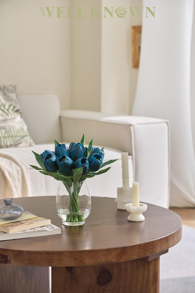 12 Pcs Fake Tulips Artificial Flowers in Vase with Faux Water, Foam Tulip Flower Arrangement with Vase Decor, Dining
