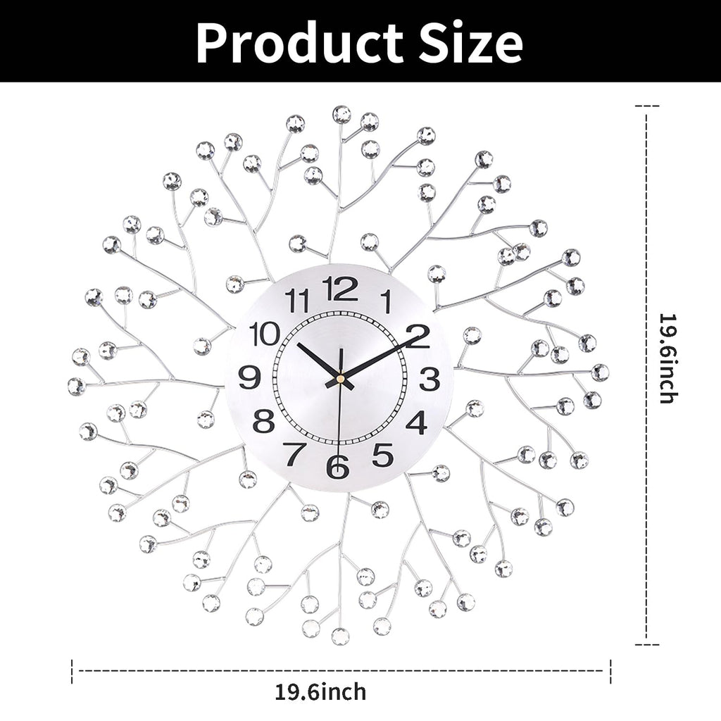 19.7 Inch Large Decorative Wall Clock Decor, Non-Ticking Quiet Modern Metal Starburst Bling Silver Crystal Wall Clock