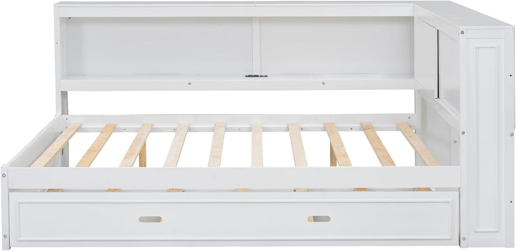 Full Size Corner Daybed with Trundle and Storage, White | L-Shaped Corner Bed with Bookcase, LED Lights & USB Ports