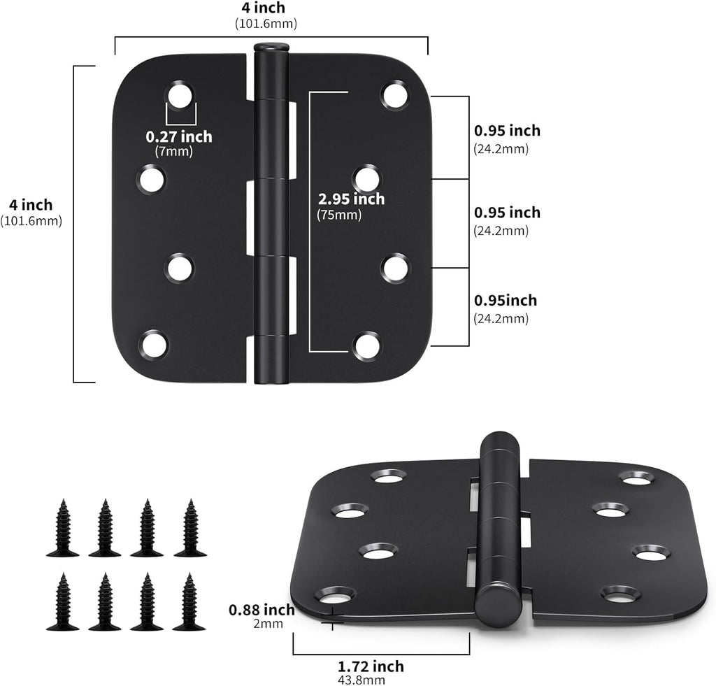 12 Pack Interior and Exterior Door Hinges, Matte Black Door Hinges 4 inch x 4 inch with 5/8" Radius Corners
