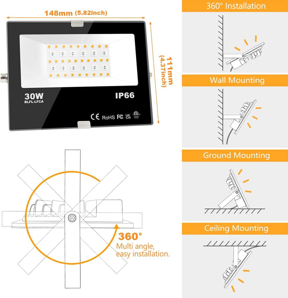 LED Flood Light Outdoor, 30W Equivalent 3000LM Smart RGB Landscape Lighting | APP Control, DIY Scenes - Timing