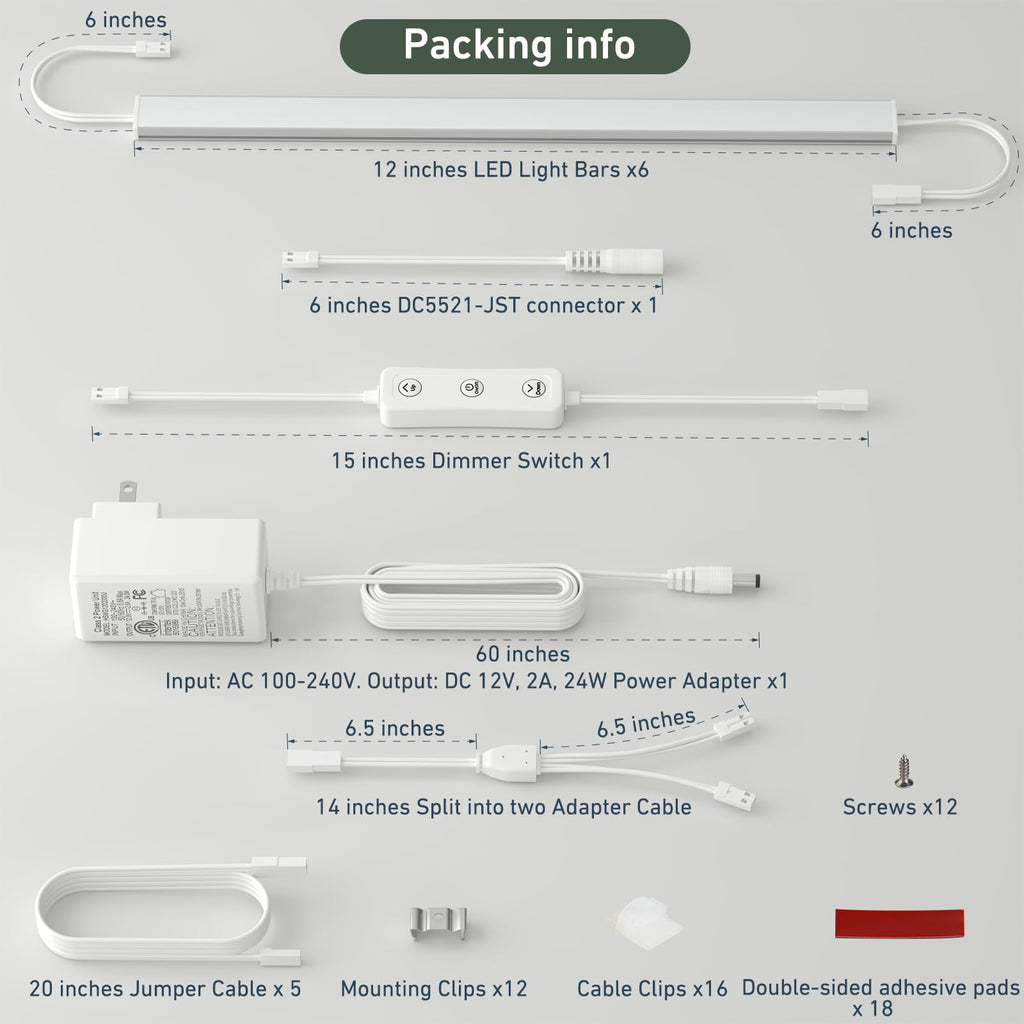 Under Cabinet Lighting Plug in. 6 PCS 12 Inch Likable Low Profile Bright Light Strips. Dimmable 24W LED Kit Cabinets