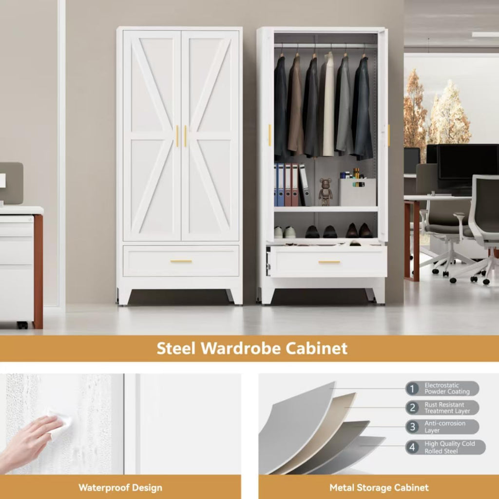 Metal Wardrobe Closet , 71" Freestanding Armoire Wardrobe with Drawer and Shelf, Hanging Rod Clothing Storage Cabinet