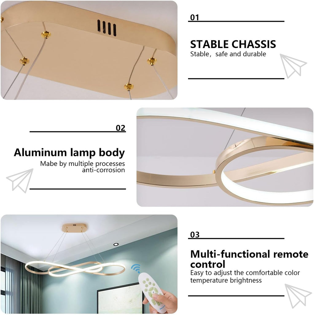 Gold 29.53in Dimmable Modern LED Pendant Chandelier | Height adjustable design, remote control included, suitable for