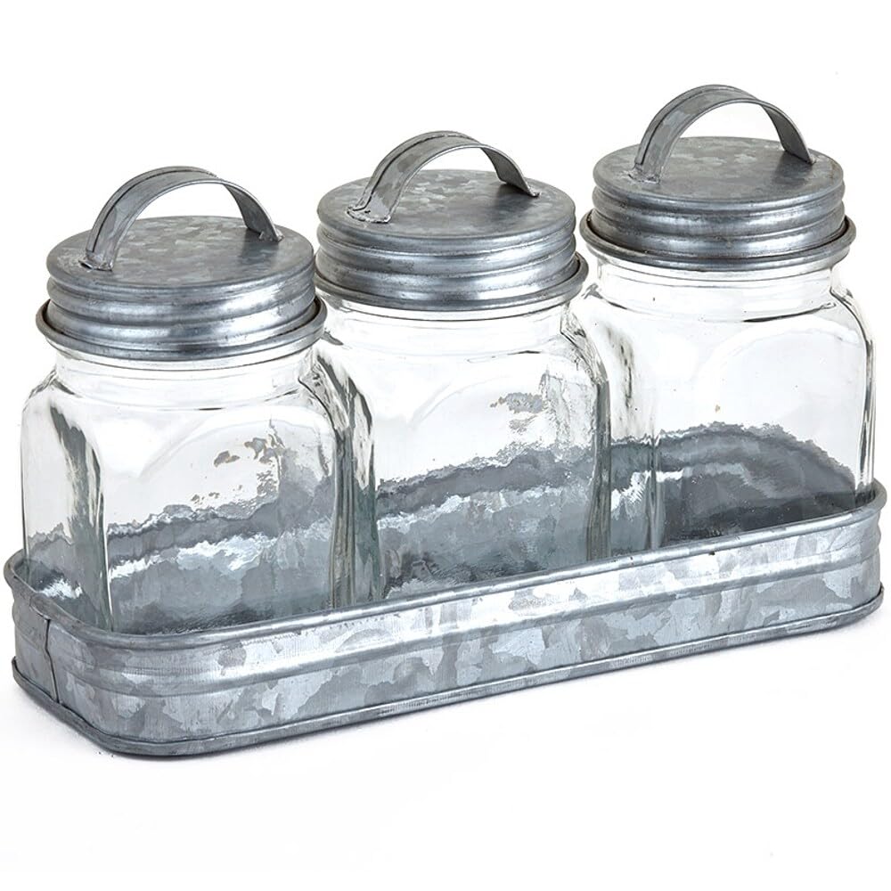 Set of 3 Glass Kitchen Canisters with Galvanized Metal Tray