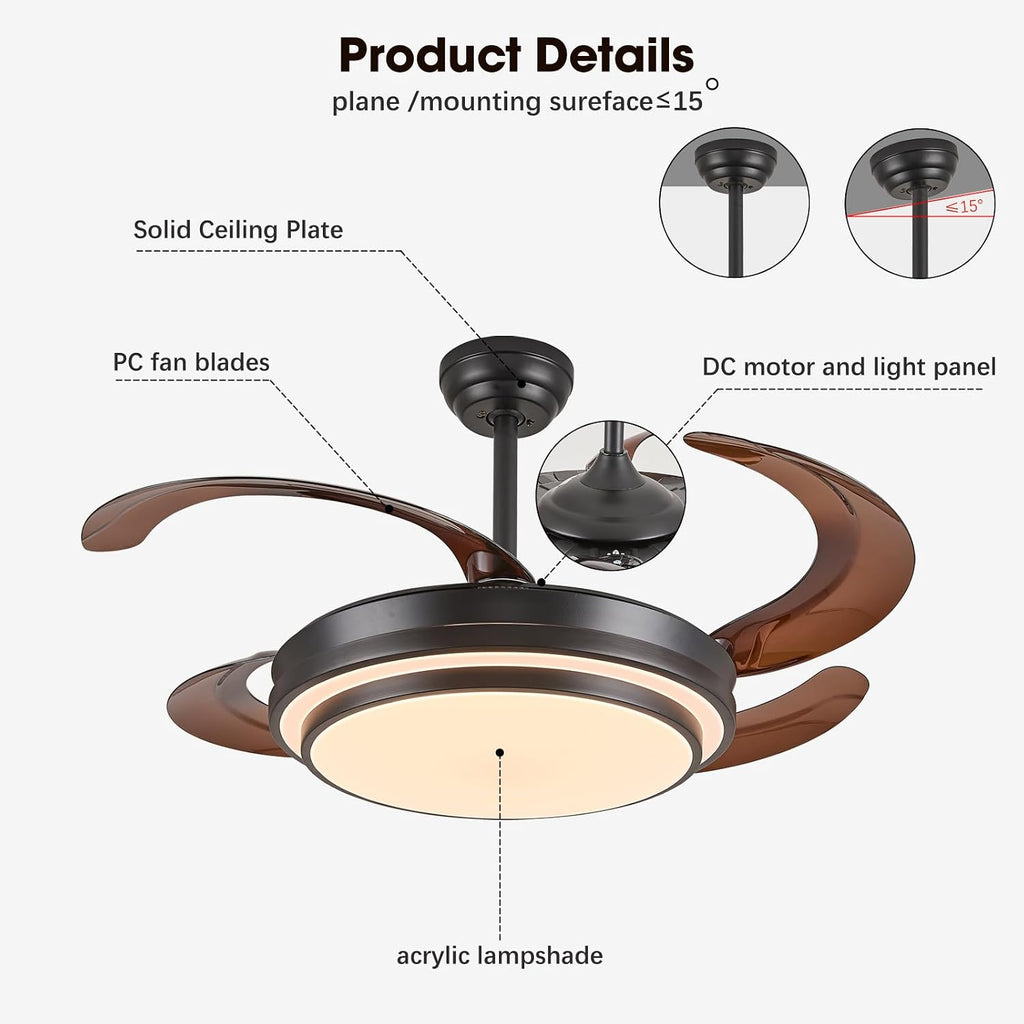 48" Modern Retractable Ceiling Fans with Lights - Black