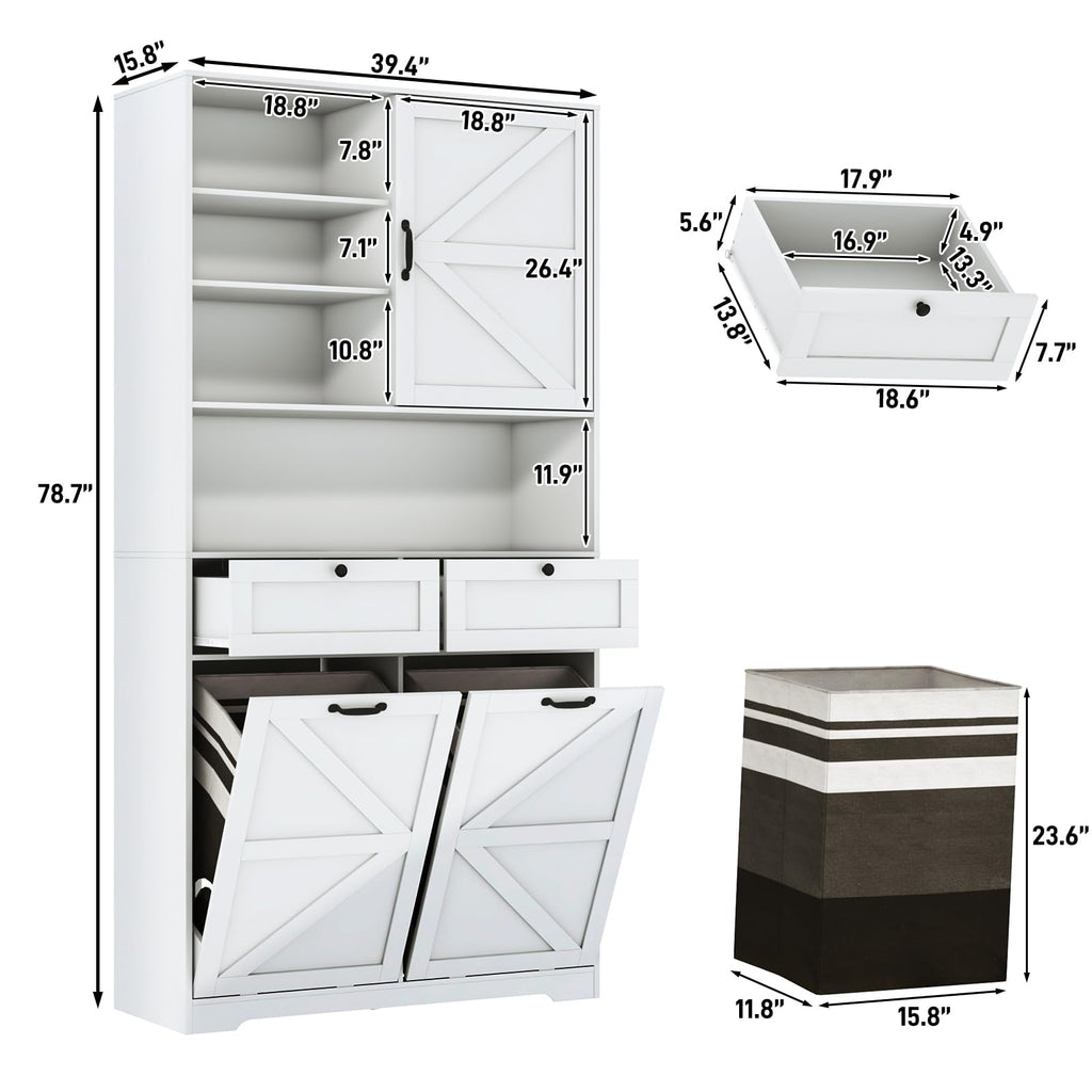 78" Tall Tilt-Out Double Doors Laundry Cabinet Hamper w Hidden Laundry Hamper, Large Pull Out Laundry Room Storage
