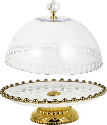 White Round Ceramic Cake Stand with Glass Dome, 8 Inch