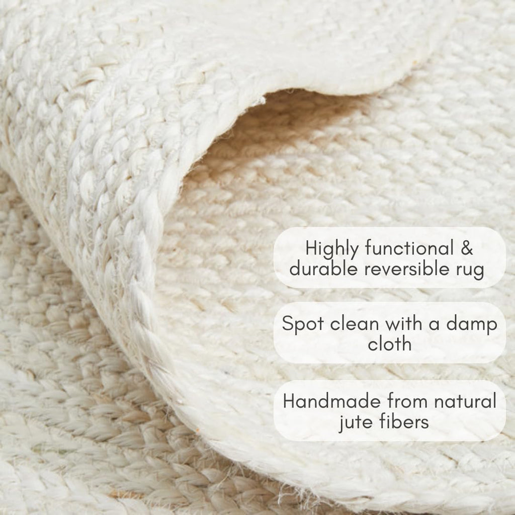 Handwoven Jute Area Rug - Off-White Round Rustic Vintage Braided Reversible Rug - Eco Friendly Rug - Kitchen - Living