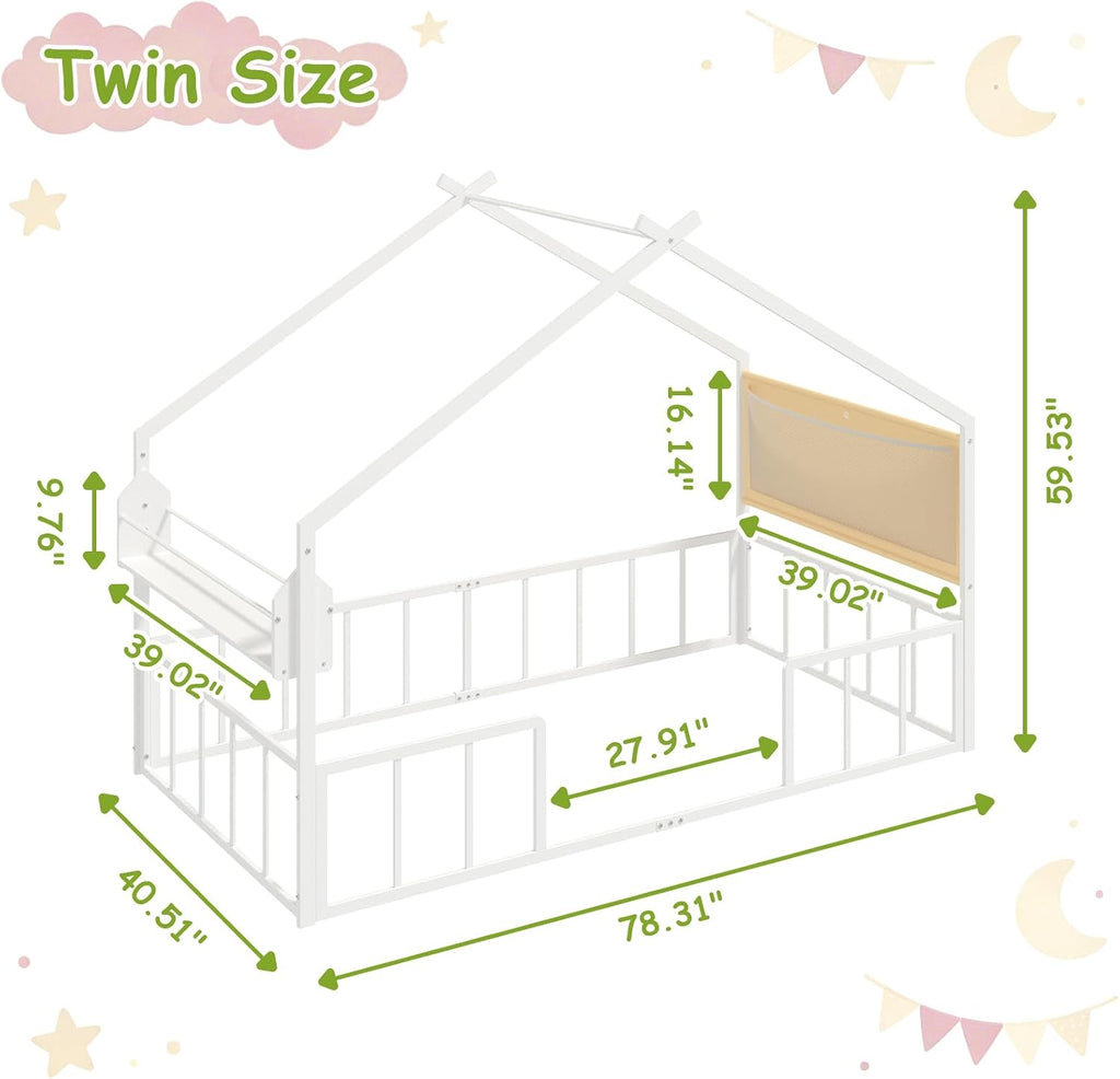 Montessori House Bed with Storage Rack & Stuffed Animal Storage