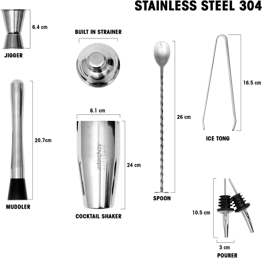 Cocktail Shaker Set, Stainless Steel Barware-Tool, Includes Jigger, Bar Spoon, Bottle Pourers, Tong, Strainer - Set of 8
