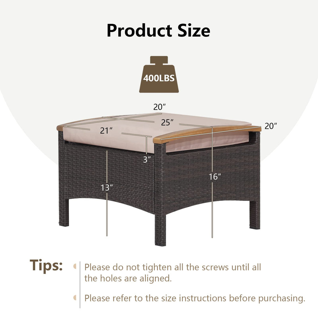 Outdoor Wicker Ottomans - 2 Pieces PE Rattan Ottoman, Footrest Seat with Zippered Cushions, Acacia Wood Handles