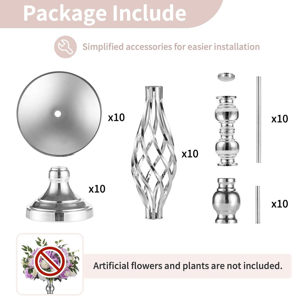 Silver Centerpiece Stand for Table, Twist Style, 22.8" Tall, 10 Pcs | Versatile Flower Arrangement, Candle Holder
