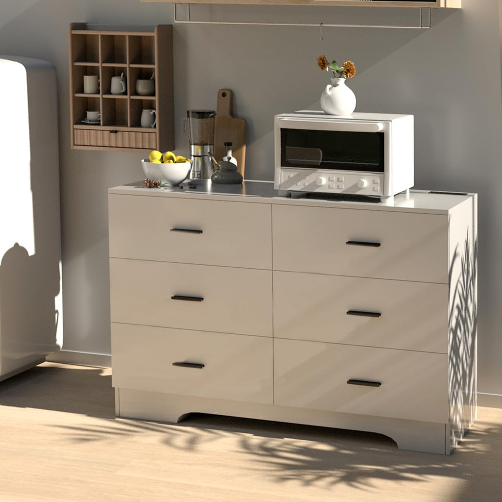 Dresser with Power Outlets Wooden 6 Drawer Dresser with USB and Type C Port Chest of Drawers Tall White Storage