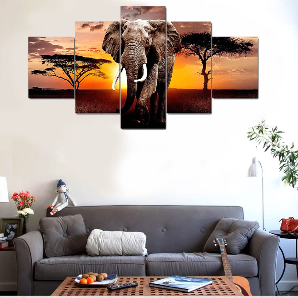 5 Pcs Africa Grassland Elephant Large Framed Canvas Wall Art Oil Painting Artwork On Stretched Canvas Print Painting