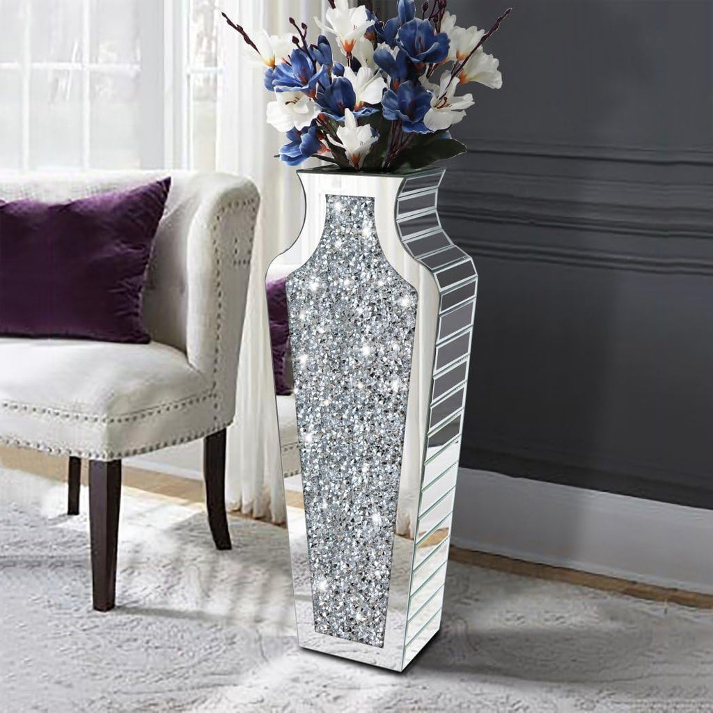 27" Tall Diamond Mirrored Floor Vase Silver Glass Decor for Flower No Water | Sparkling diamond mirror glass.
