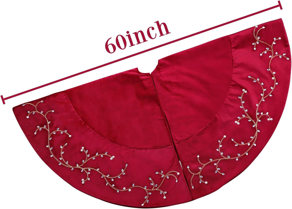Christmas Tree Skirt, 60 inches Classic Large Velvet Fur Plush Red Tree Skirt, Baroque Tree Skirts with Gold