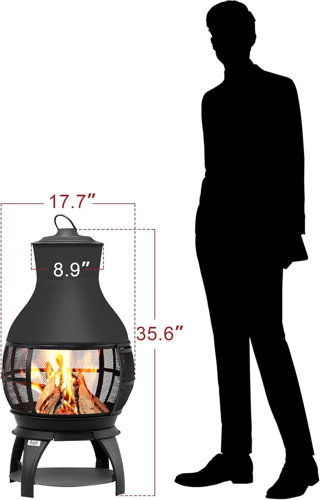 Fire Pit Wood Burning Chiminea Outside Fireplace Patio Small Firepit, Size 17.7" W x 35.6" H, Brown-Black
