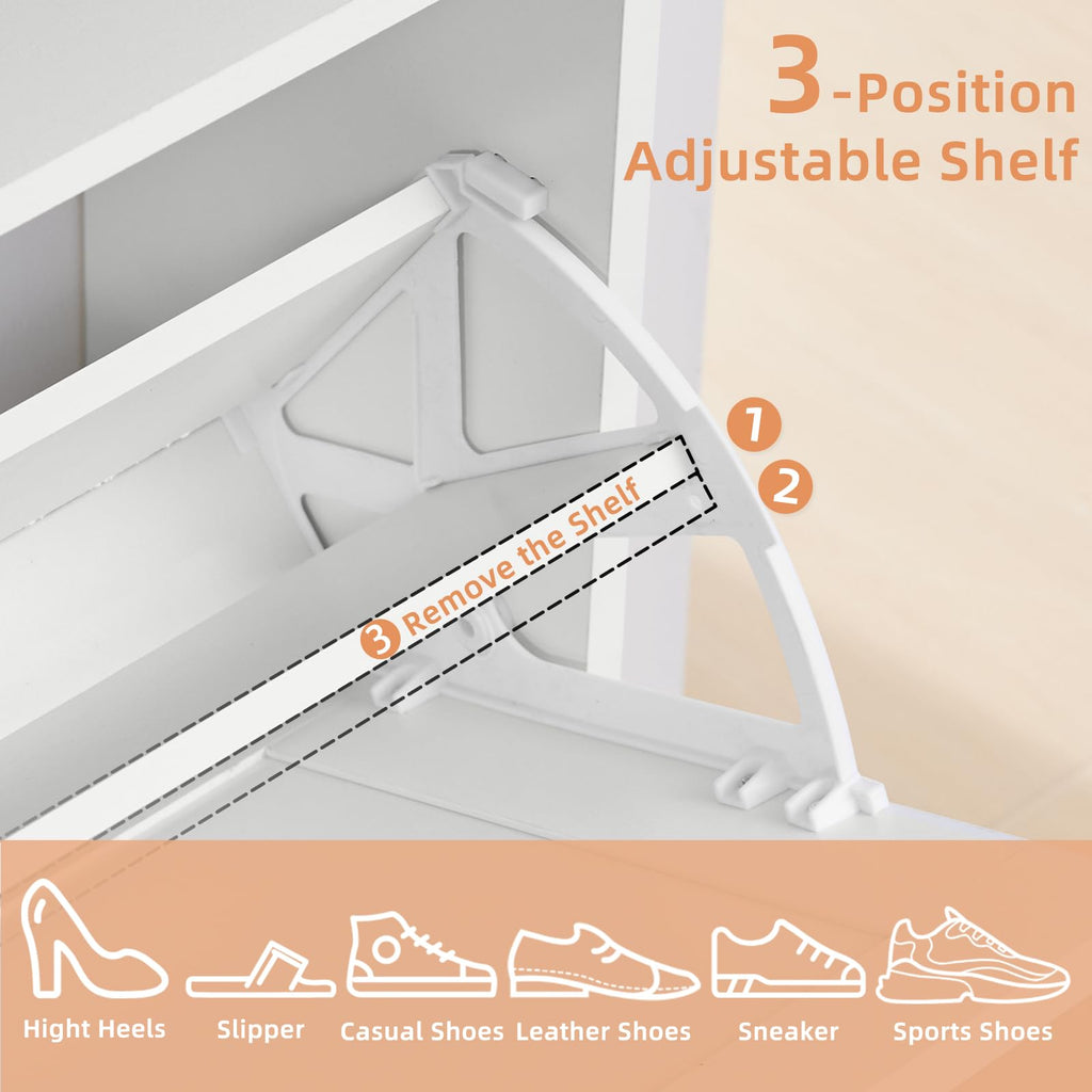Narrow Shoe Cabinet with 2 Flip Drawers, White