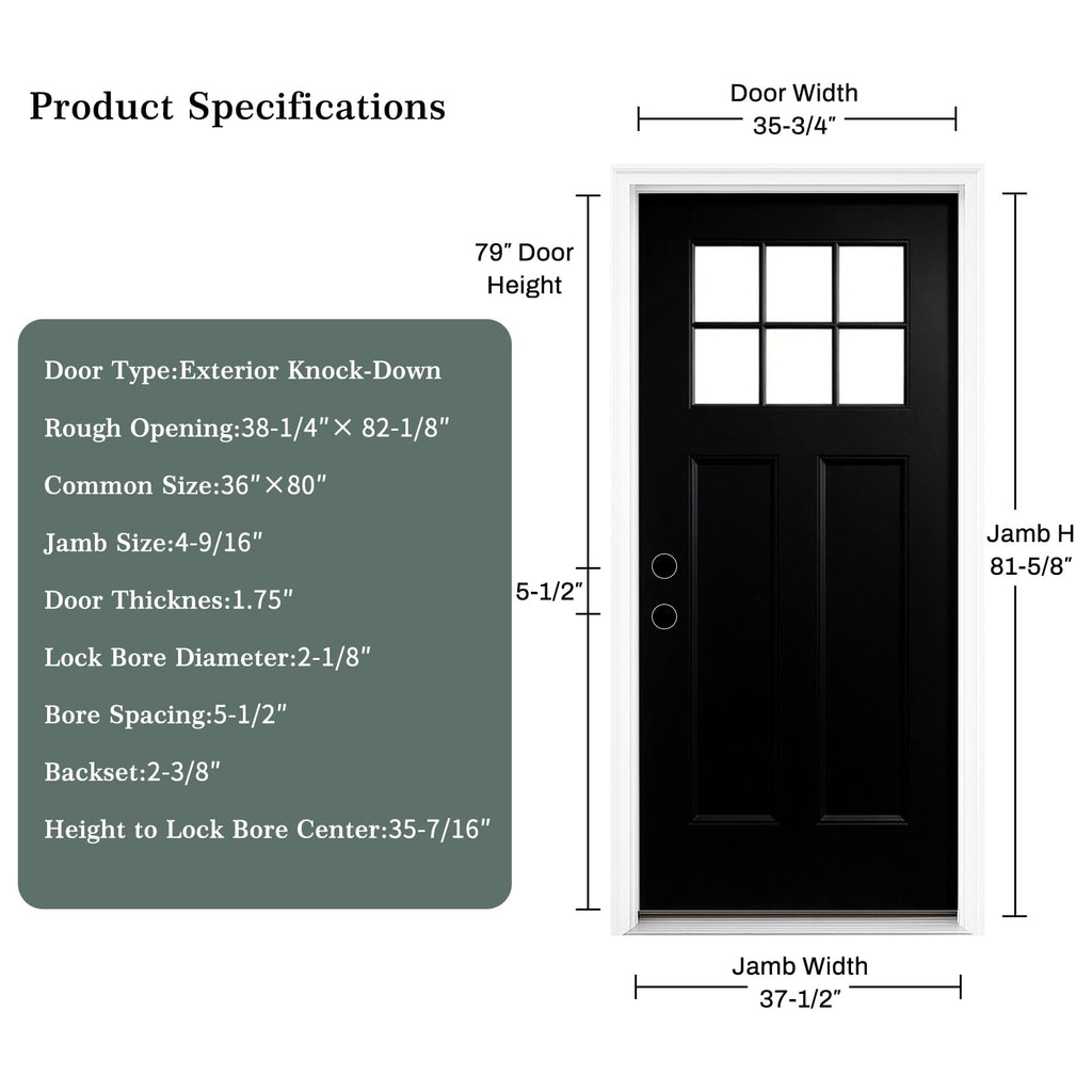 Fiberglass Front Doors Exterior, 36 x 80 Black Entry Door Right Hand Inswing with Brickmould, Vinyl Frame, Woodgrain