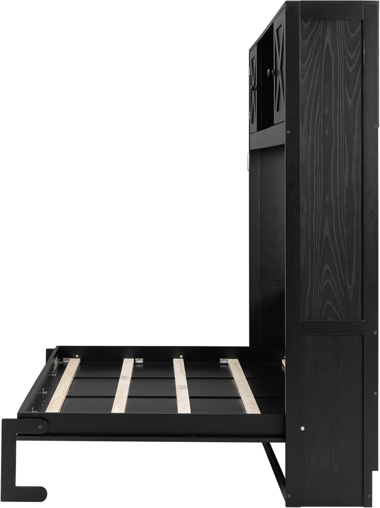 Queen Murphy Bed with Storage Cabinets, Wood Murphy Bedframe with Bookcase Shelves, Folding Wall Bed Cabinet for
