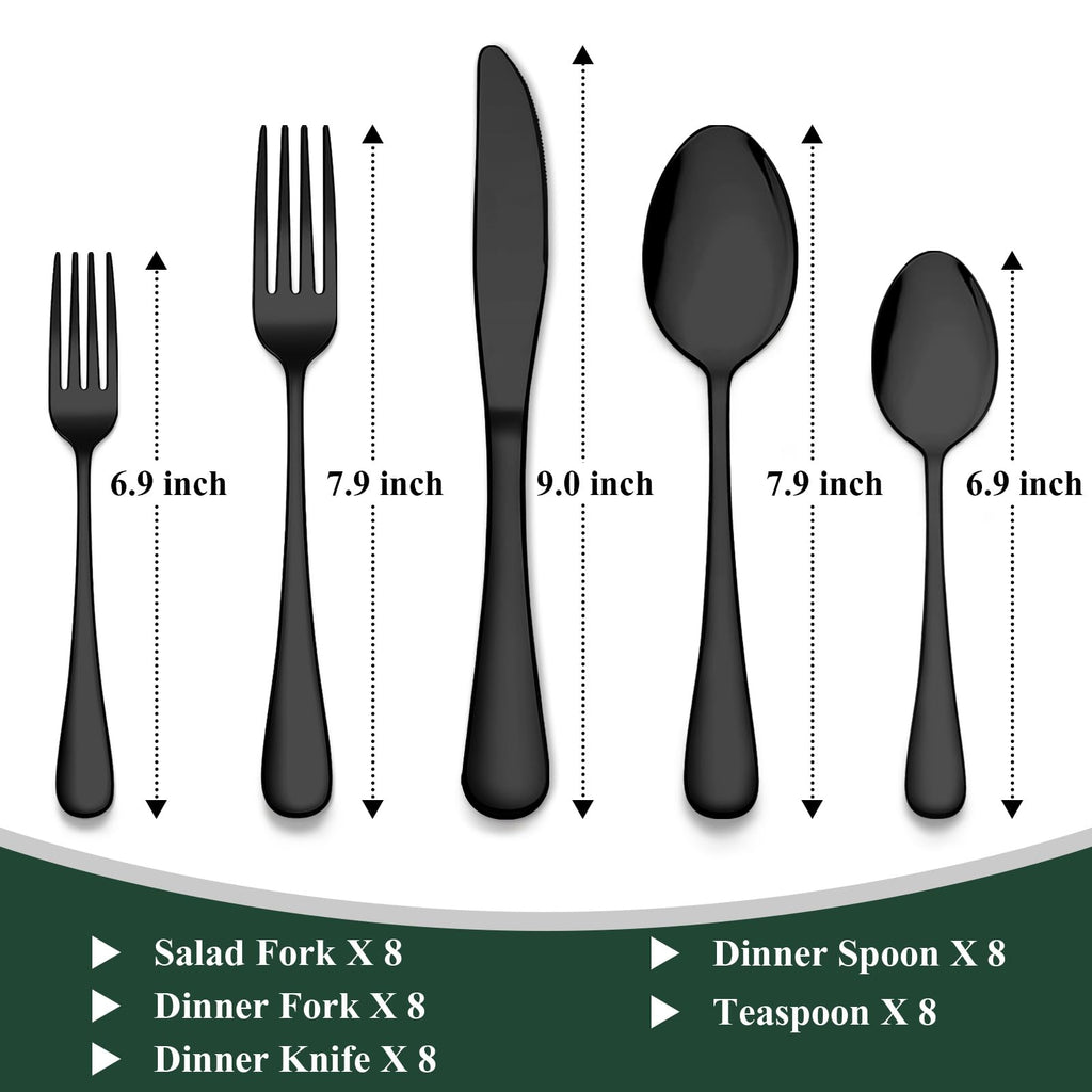 Black Silverware Set, Stainless Steel Flatware Cutlery Set Service for 8, Tableware Eating Utensils Include