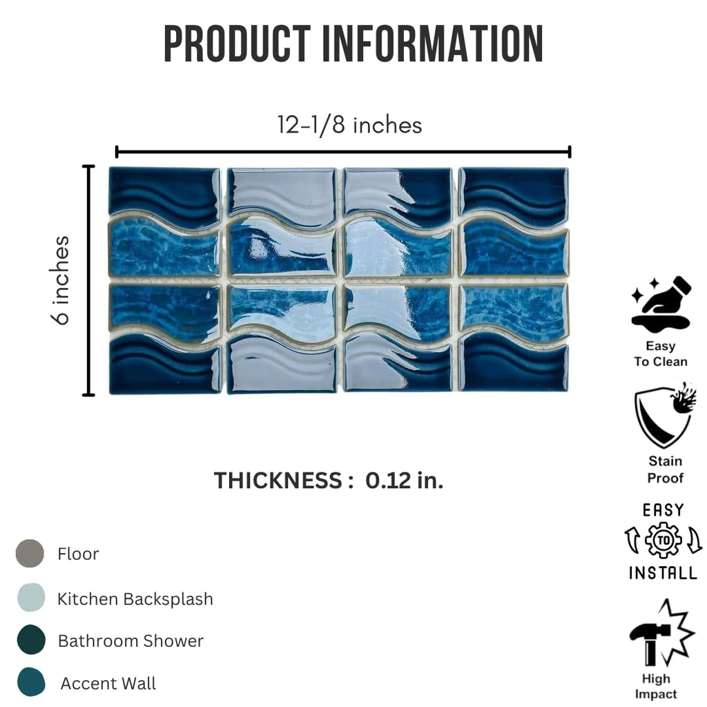 Navy Ocean Blue Wavy Porcelain Lineup Border Pool Wall Floor Tile Backsplash on 6x12 Mesh Mounted Easy Installation