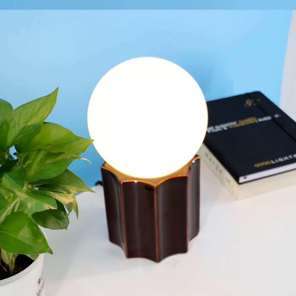 Modern Ceramics Table Lamp Brown Ceramic Base White Jade Round Ball Glass Accent Table Lamp Living Room Bedroom