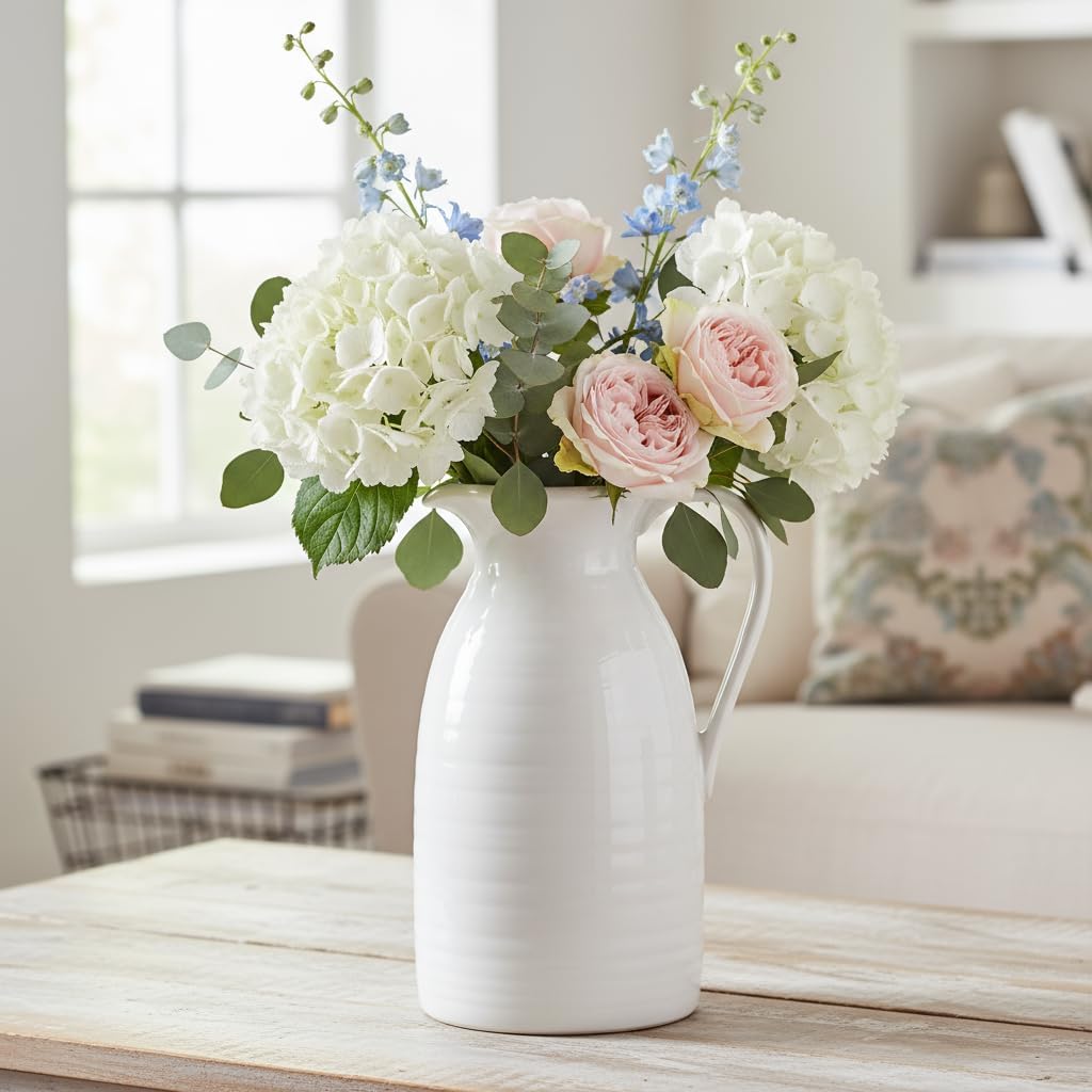 Farmhouse Pitcher Vase for Flowers- Ceramic Pitcher White Flower Vase for Your Kitchen/Home