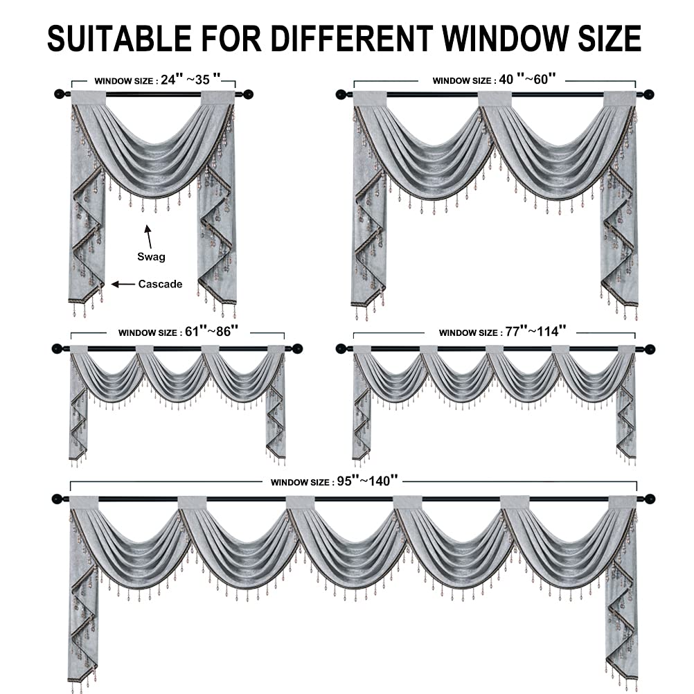 Luxury Silver Grey Chenille Waterfall Valance, 5 Hollow Swags Curtain Valance, Rod Pocket, 1 Panel