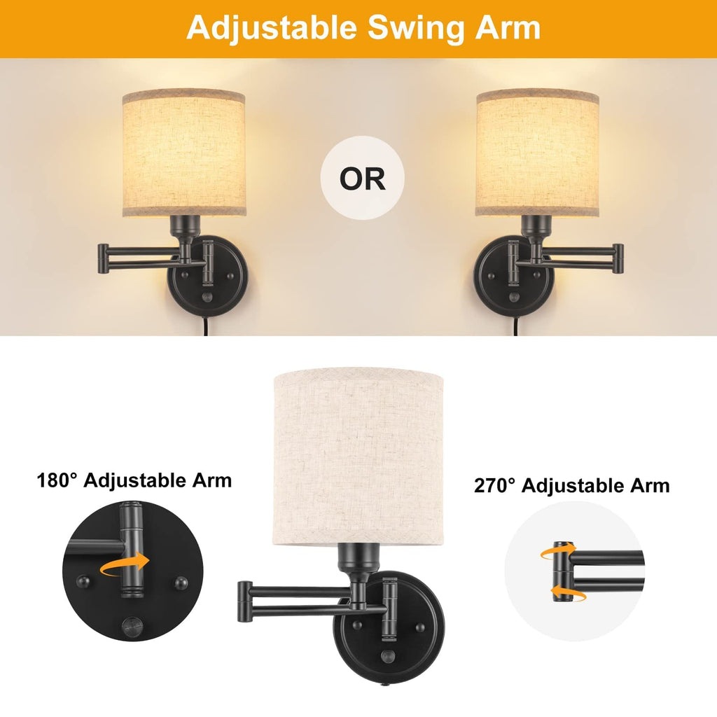 Dimmable Plug in Wall Sconces, Swing Arm Wall Lamp, Wall Sconces Set of Two, Plug in Wall Light, Sconces Wall Decor