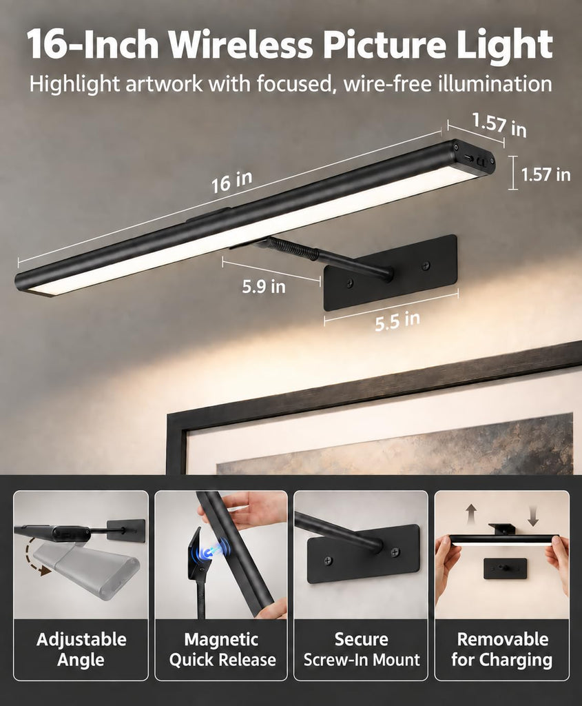 Picture Light for Wall, 4800mAh 16'' Rechargeable Wireless IR Remote Built in Battery Lights for Painting, Dimmable