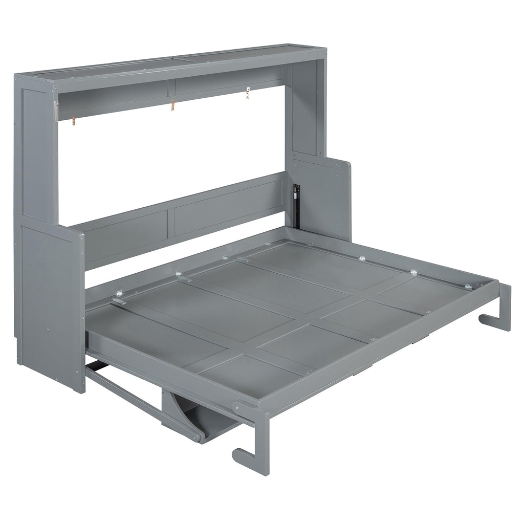 Queen Size Murphy Bed, Wood Murphy Wall Bed with Hydraulic Lift & Desk Design, Gray