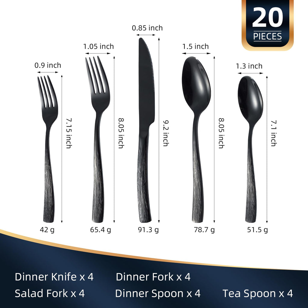 20-Piece Black Silverware Set for 4