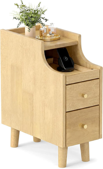 Narrow Solid Wood Nightstand with 2 Drawers & Pull-Out Tray, Natural