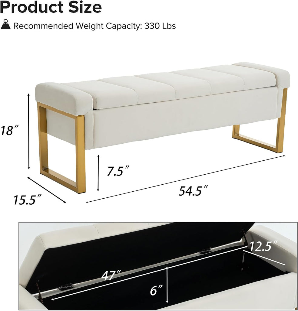 55" Tufted Storage Bench King Size Bed, Velvet Ivory White | Long Ottoman Gold Legs, Modern End of Bed Bench