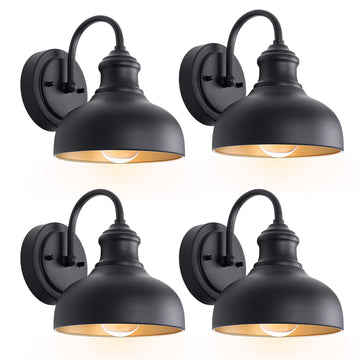 7 Inch Outdoor Gooseneck Barn Lighting Black Exterior Porch Door Light Fixture with Brass Interior 4 Pack Farmhouse