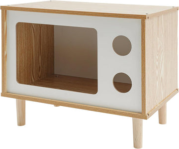 TV-Shaped Cat Bed Indoor, Large Luxury Cat Shelter Wooden Condo for Indoor Cats (Wooden, White, Small)