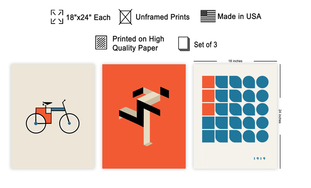 3-Piece Bauhaus Geometric Poster - Retro Minimalist Print - Gift for Artist, Friend - Random Shape, Bicycle, Running