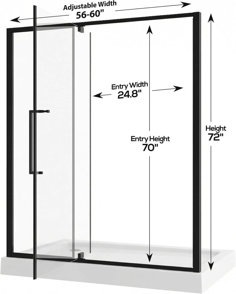 56-60" W x 72" H Pivot Shower Doors, Semi-Frameless Swing Water Repellent Glass Shower Doors with 1/4" (6mm) Clear