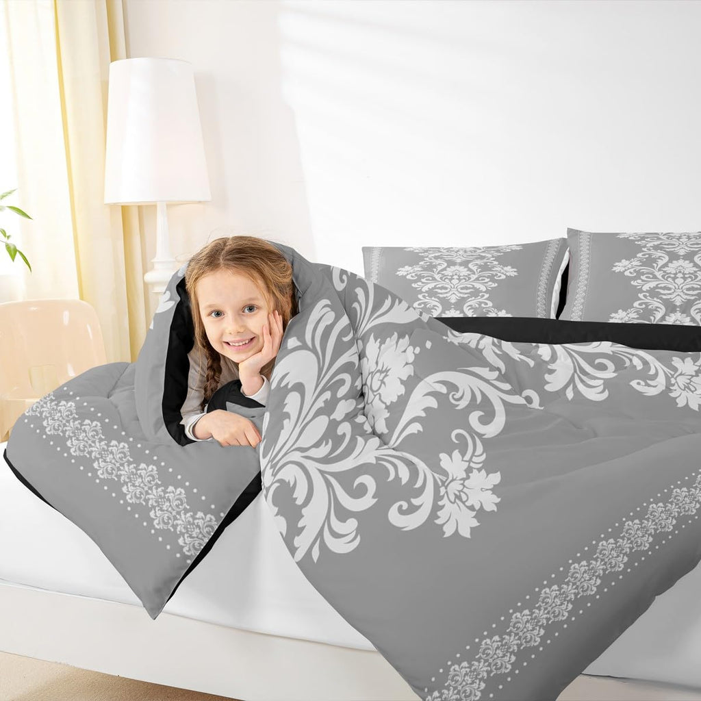 White Grey Damask Print Comforter Set King Size Bedding Set