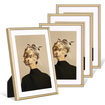 5x7 Picture Frame Set of 4, Matted Brass Simple Modern Brushed Thin Aluminum Metal Photo Frame Fits 3x5 and 4x6 with