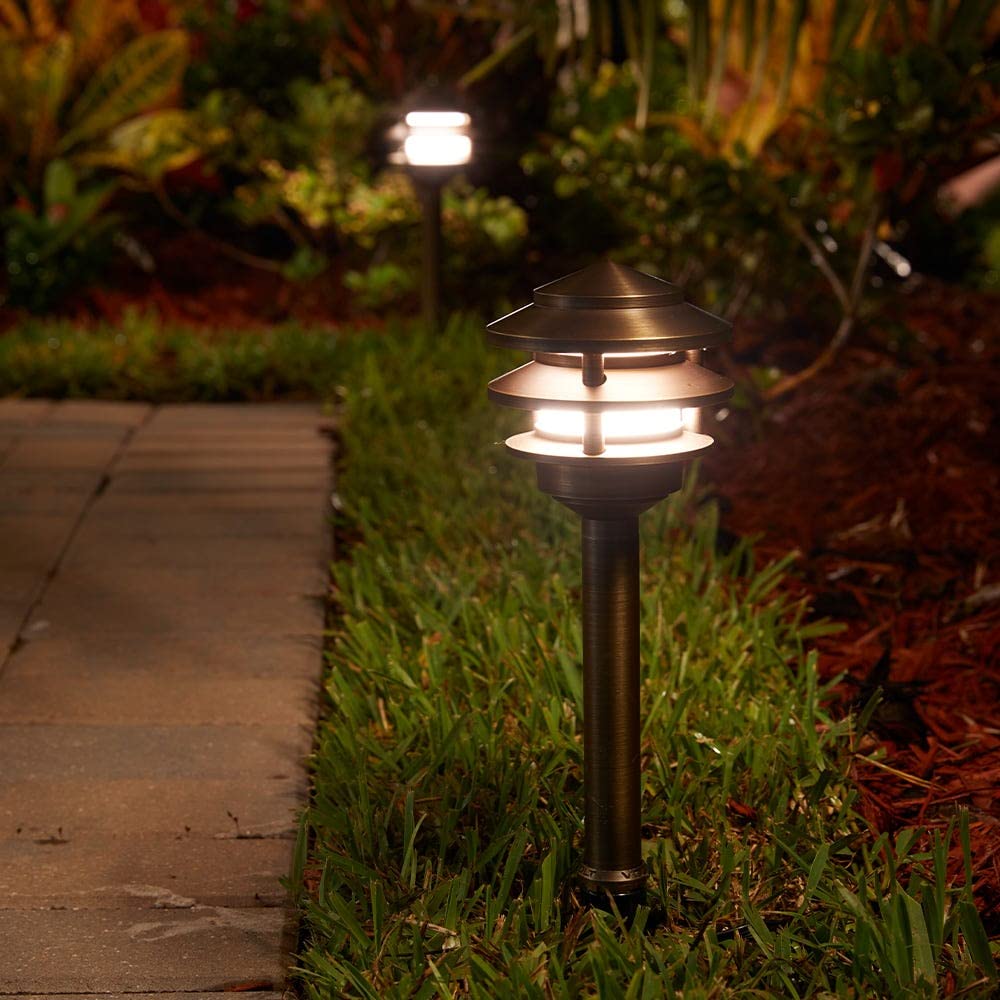 12V 3-Tier Brass Pagoda LED Path Light 4-Pack Expansion Kit (Bronze)