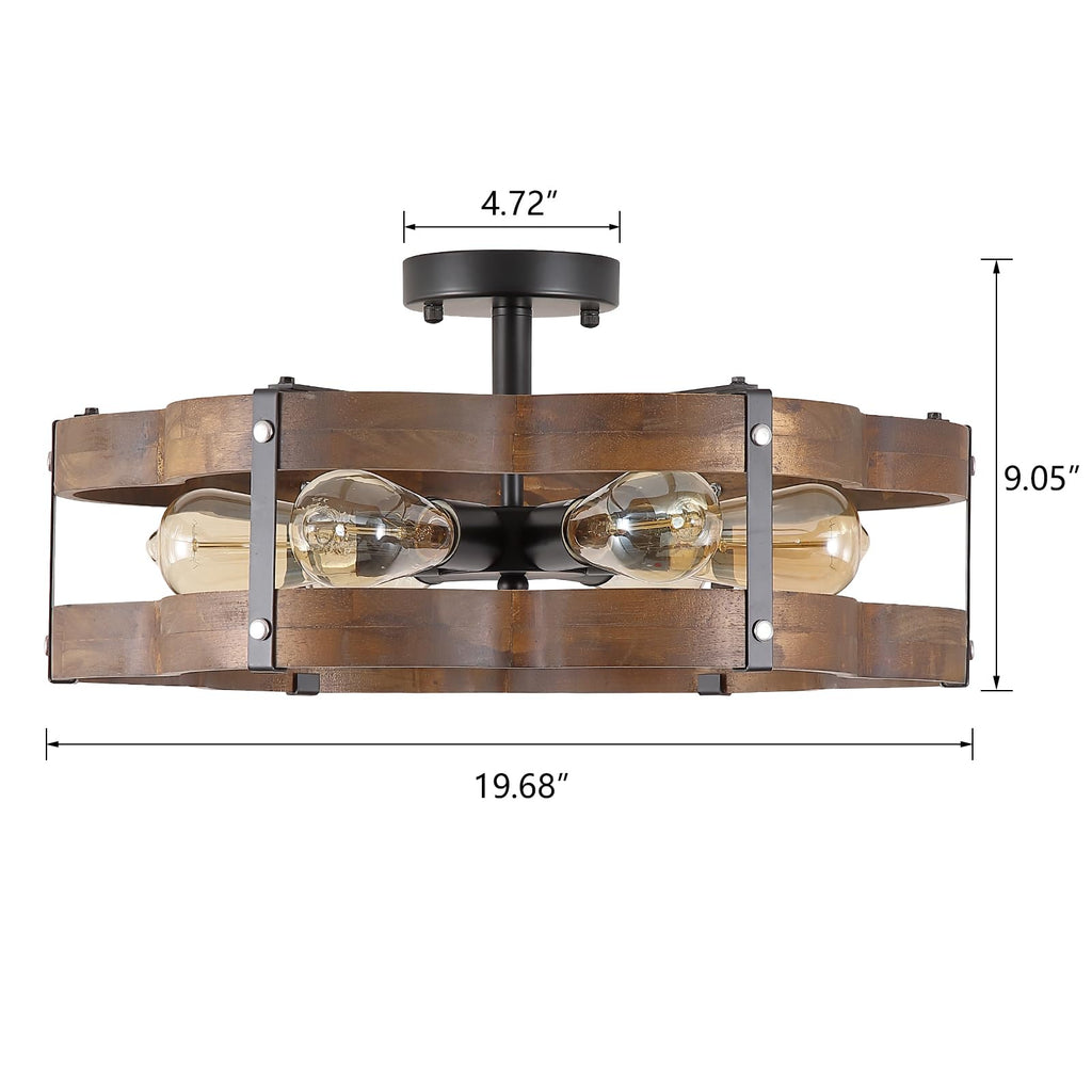 6-Light Rustic Farmhouse Wood Flush Mount Ceiling Light Fixture 20 inch Oak Wood and Metal Cloud Cage Semi Flush