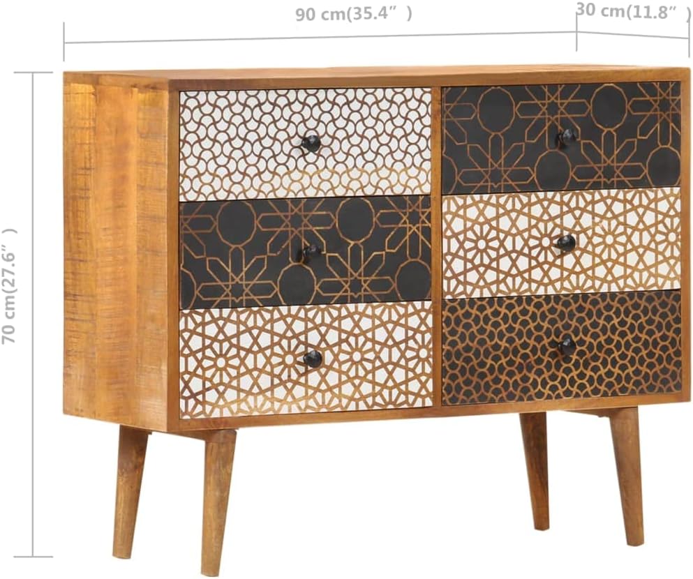 Mid-Century Sideboard Cabinet with 6 Drawers, Solid Mango Wood Accent Storage Chest , 35.4x11.8x27.6 Inches