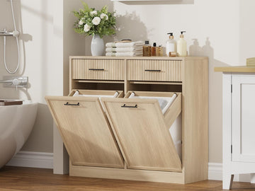 20Gal Double Tilt Out Laundry Hamper Cabinet with Drawers, Natural