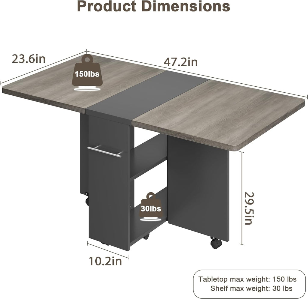FoldingTable, Drop Leaf Dining Table with 6 Wheels and 2-Layer Storage Shelf, Space Saving Table for Small Spaces
