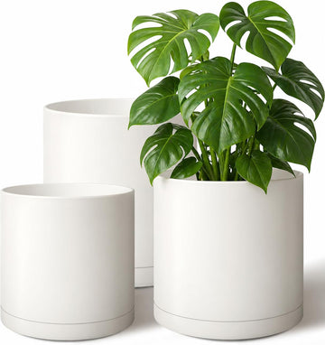 Cylinder Plant Pots 12/10/8 Inch Set of 3, Modern Round Planters with Drainage Holes and Saucers, Durable Plastic