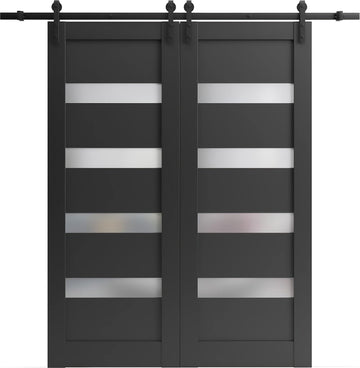 Sliding Double Barn Doors with Hardware | Quadro 4113 Matte Black with Frosted Opaque Glass | 13FT R